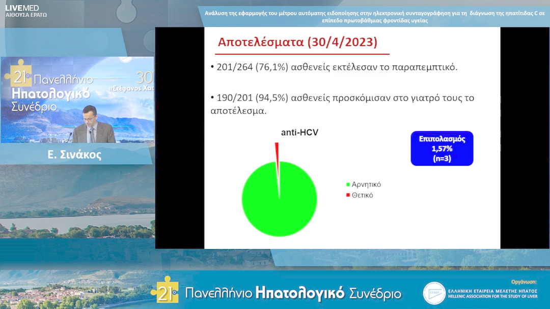 05 Ε. Σινάκος - ΕΑ5: Ανάλυση της εφαρμογής του μέτρου αυτόματης ειδοποίησης στην ηλεκτρονική συνταγογράφηση για τη διάγνωση της ηπατίτιδας C σε επίπεδο πρωτοβάθμιας φροντίδας υγείας.