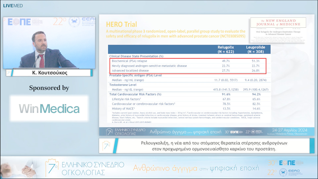 019 Κ. Κουτσούκος - Ρελουγκολιξη, η νέα από του στόματος θεραπεία στέρησης ανδρογόνων στον προχωρημένο ορμονοευαίσθητο καρκίνο του προστάτη. 
